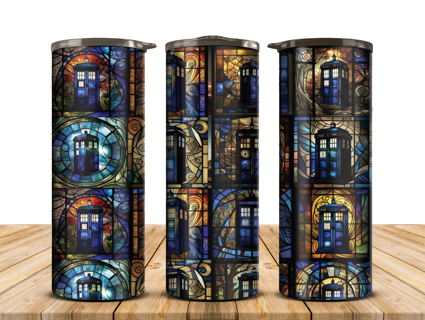 Stain Glass Tardis Tumbler, Tumbler with lid and Straw,